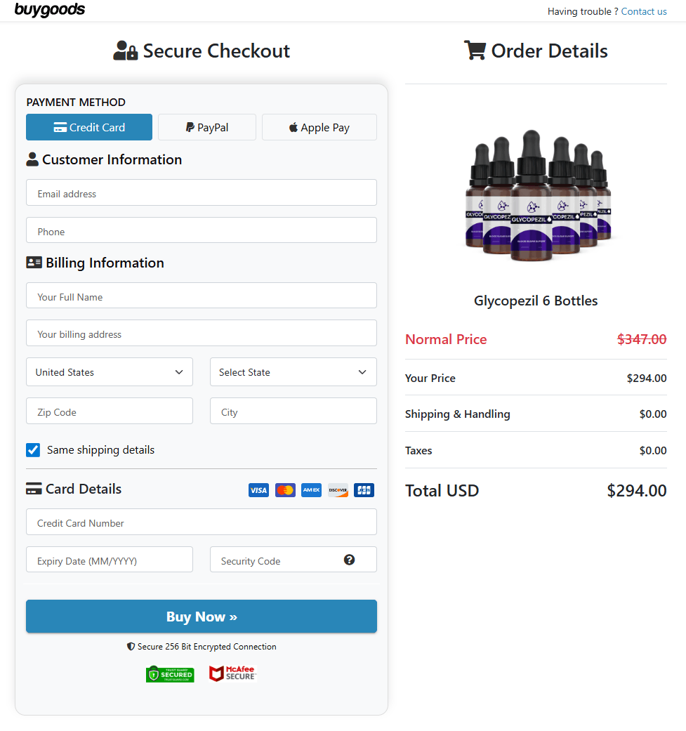Glycopezil secure checkout page
